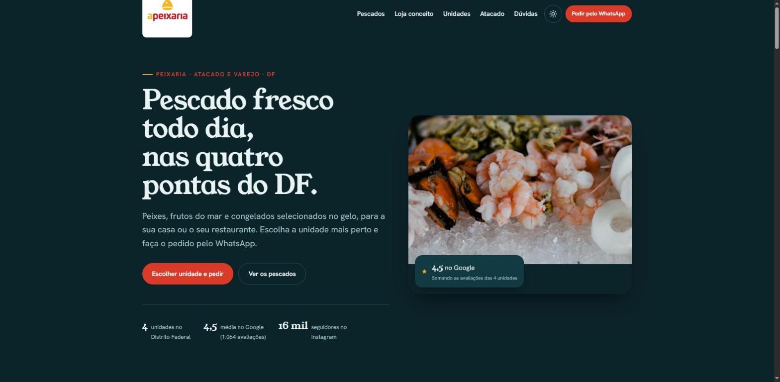 Hero do site da A Peixaria, com o título Pescado fresco todo dia nas quatro pontas do DF
