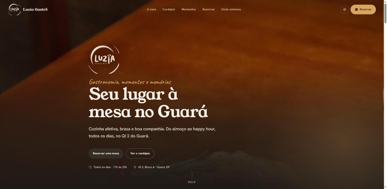 Hero do site do restaurante Luzia Gastrô, com o título Seu lugar à mesa no Guará