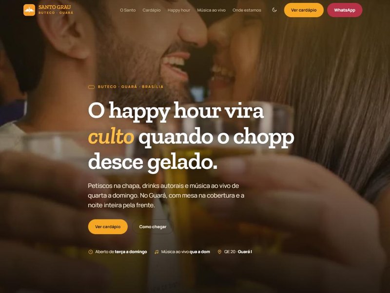 Hero do site do Santo Grau Buteco, com o título O happy hour vira culto quando o chopp desce gelado